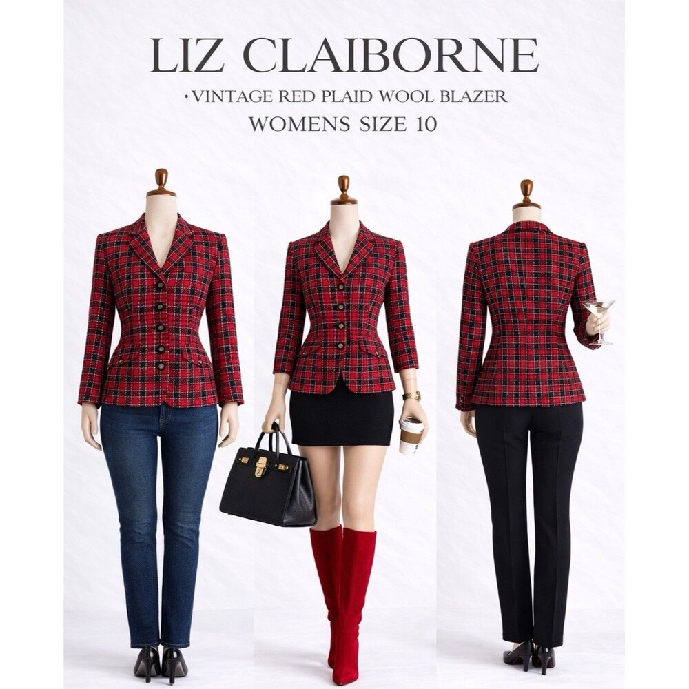 Liz Claiborne CollectVTG Blazer Womens 10 Red Black Paid Wool Jacket Button Y2K